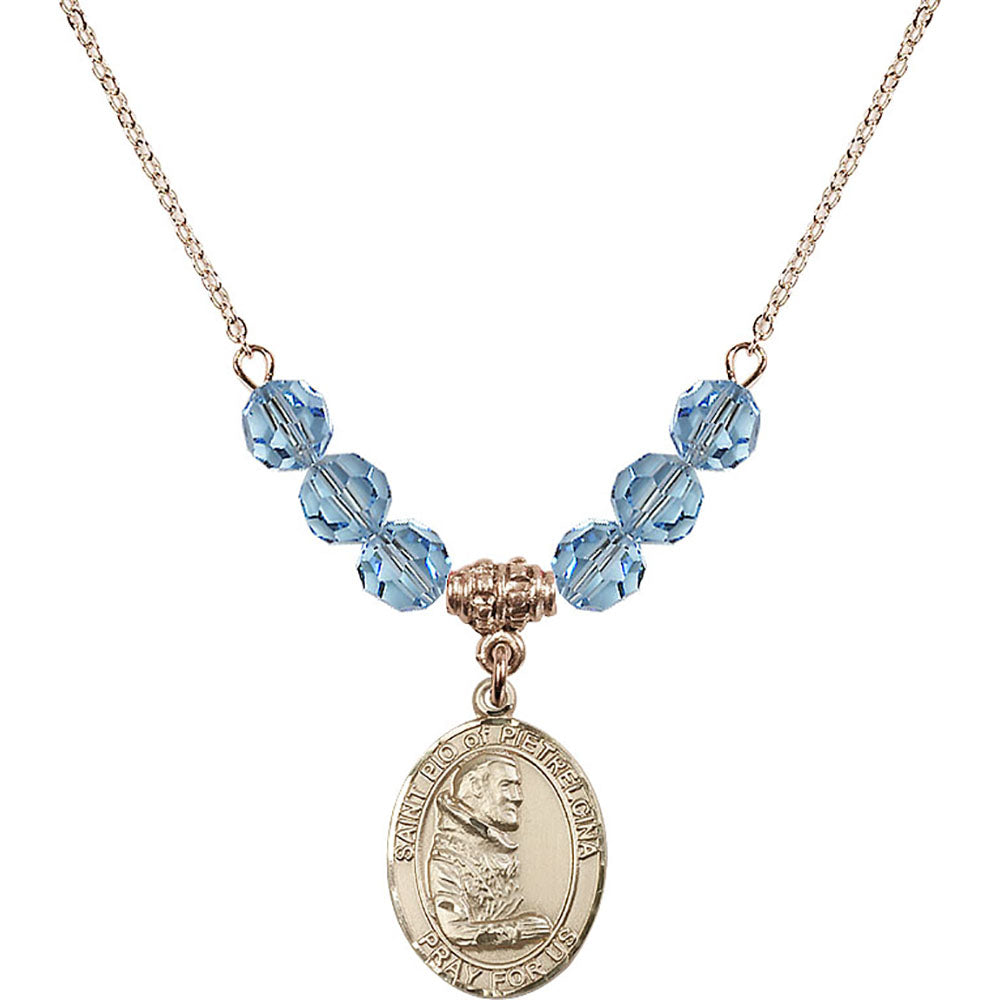 14kt Gold Filled Saint Pio of Pietrelcina Birthstone Necklace with Aqua Beads - 8125