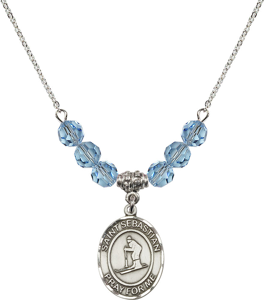 Sterling Silver Saint Sebastian/Skiing Birthstone Necklace with Aqua Beads - 8169