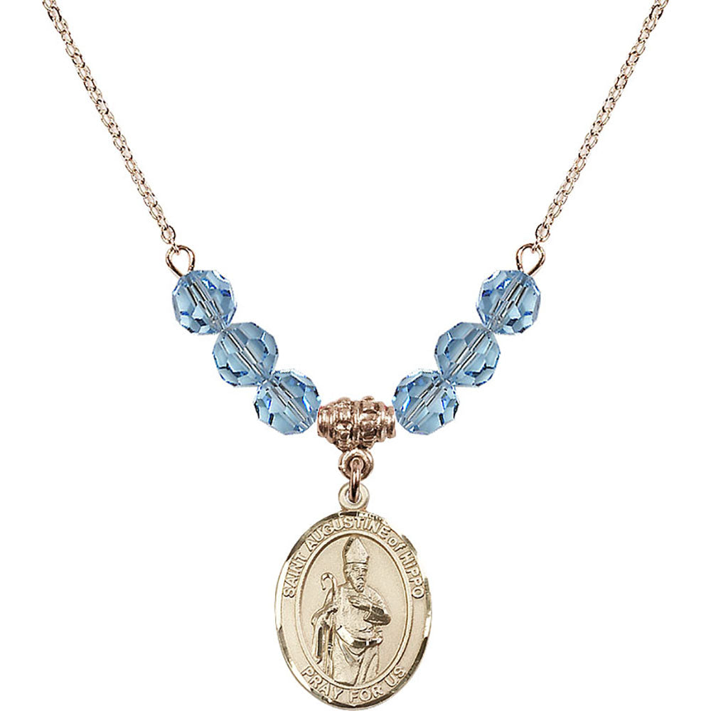 14kt Gold Filled Saint Augustine of Hippo Birthstone Necklace with Aqua Beads - 8202