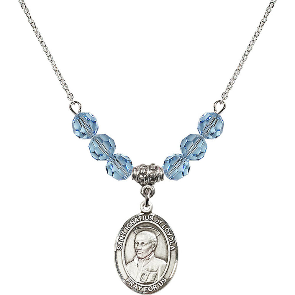Sterling Silver Saint Ignatius of Loyola Birthstone Necklace with Aqua Beads - 8217