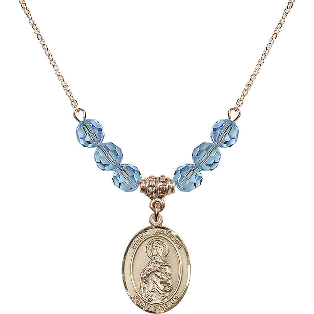 14kt Gold Filled Saint Matilda Birthstone Necklace with Aqua Beads - 8239