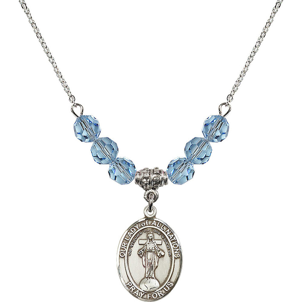 Sterling Silver Our Lady of All Nations Birthstone Necklace with Aqua Beads - 8242