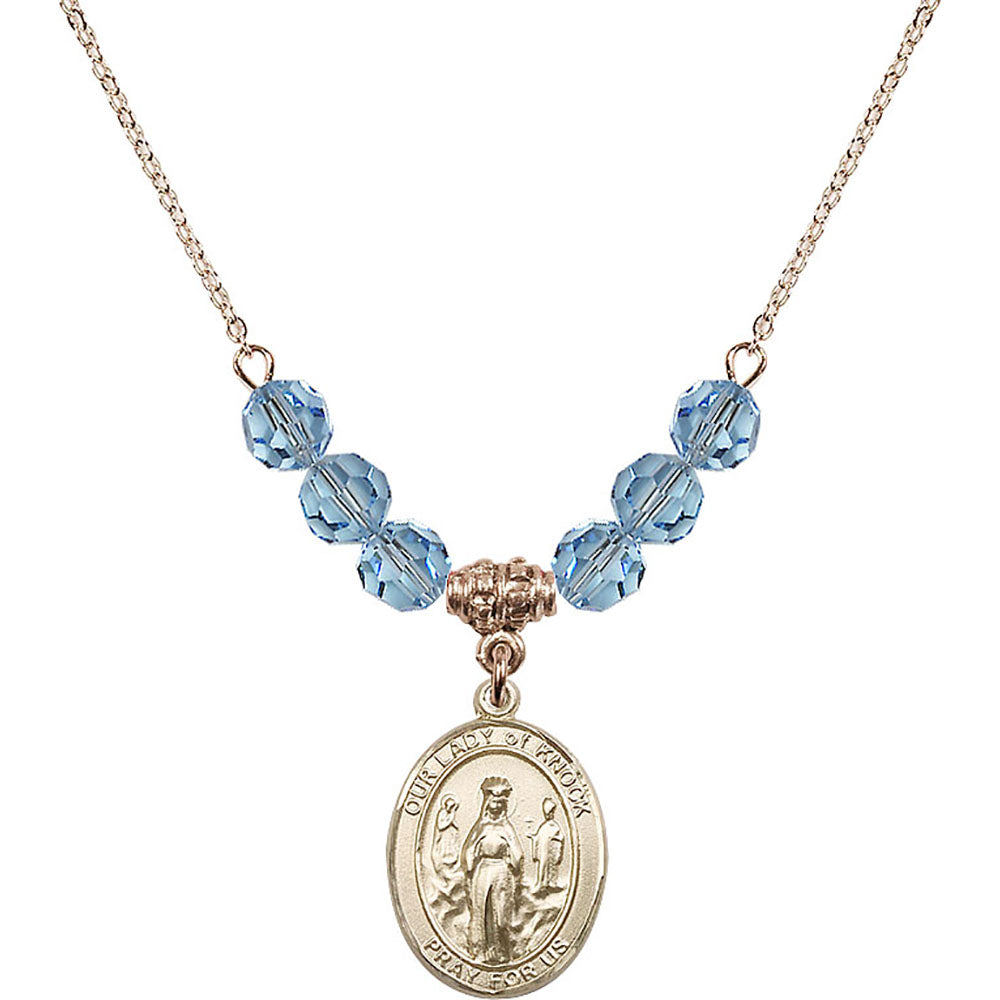 14kt Gold Filled Our Lady of Knock Birthstone Necklace with Aqua Beads - 8246