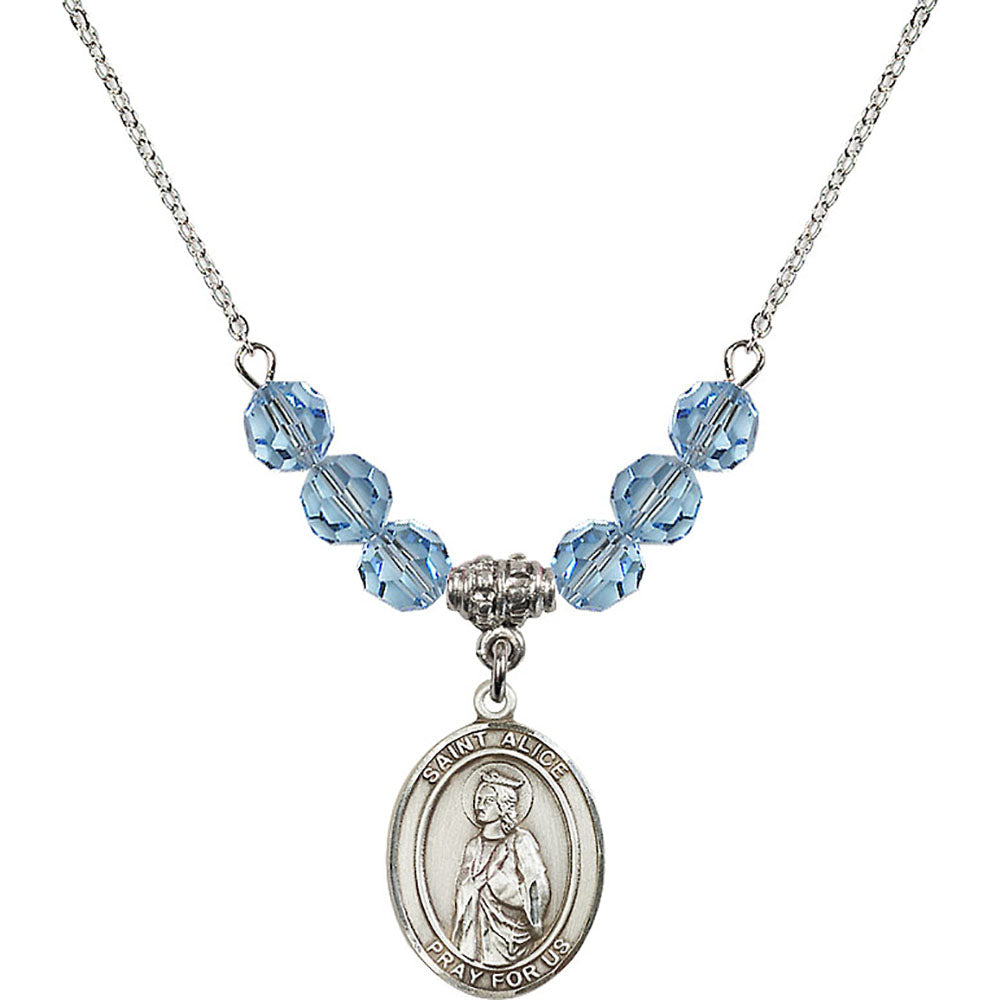 Sterling Silver Saint Alice Birthstone Necklace with Aqua Beads - 8248
