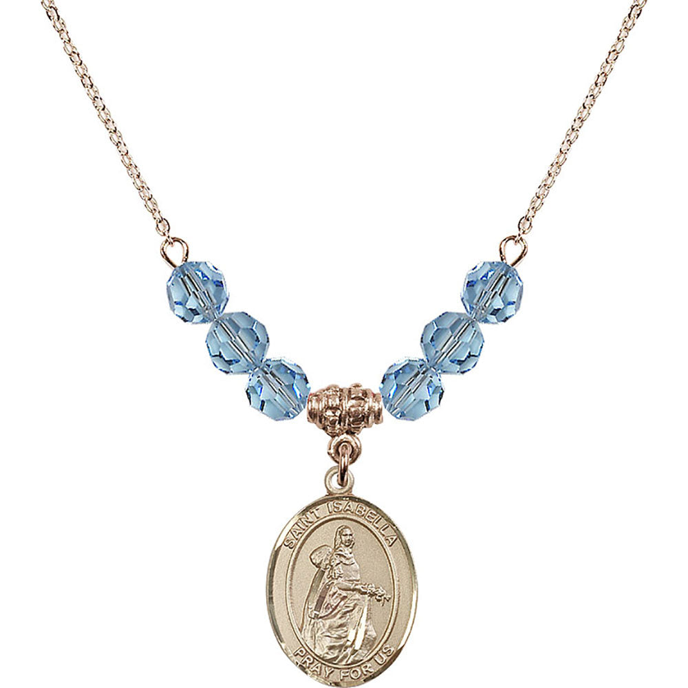 14kt Gold Filled Saint Isabella of Portugal Birthstone Necklace with Aqua Beads - 8250