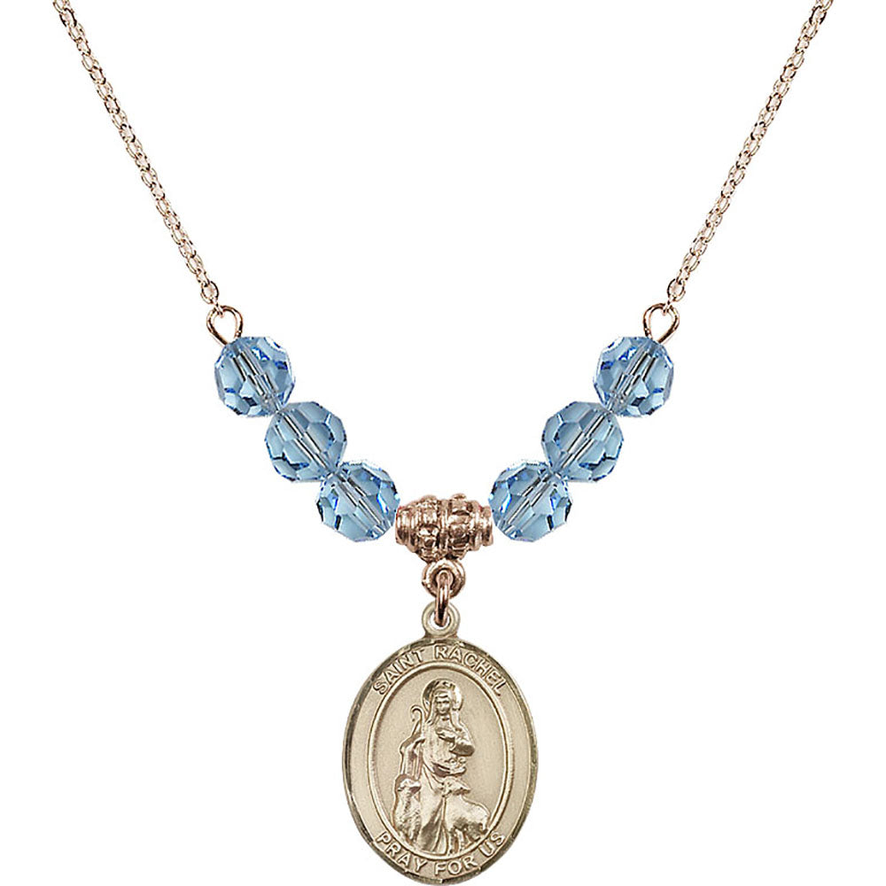 14kt Gold Filled Saint Rachel Birthstone Necklace with Aqua Beads - 8251