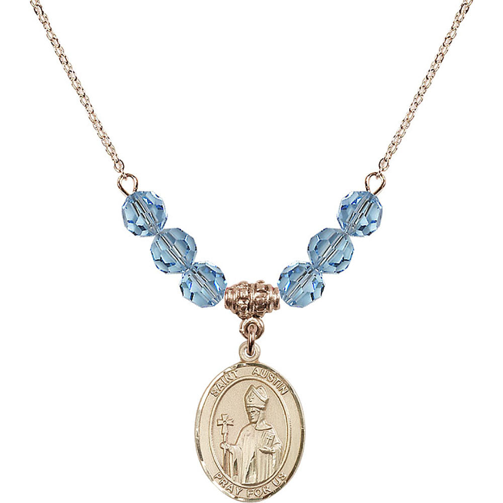 14kt Gold Filled Saint Austin Birthstone Necklace with Aqua Beads - 8256