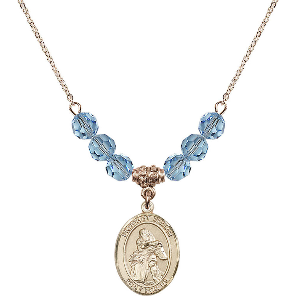 14kt Gold Filled Saint Isaiah Birthstone Necklace with Aqua Beads - 8258