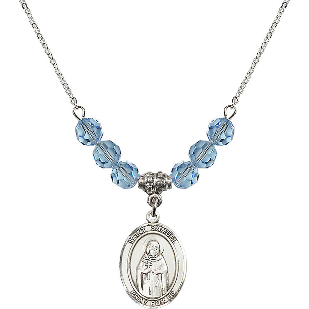 Sterling Silver Saint Samuel Birthstone Necklace with Aqua Beads - 8259