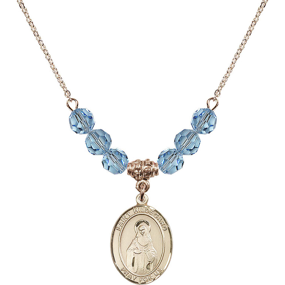 14kt Gold Filled Saint Hildegard von Bingen Birthstone Necklace with Aqua Beads - 8260