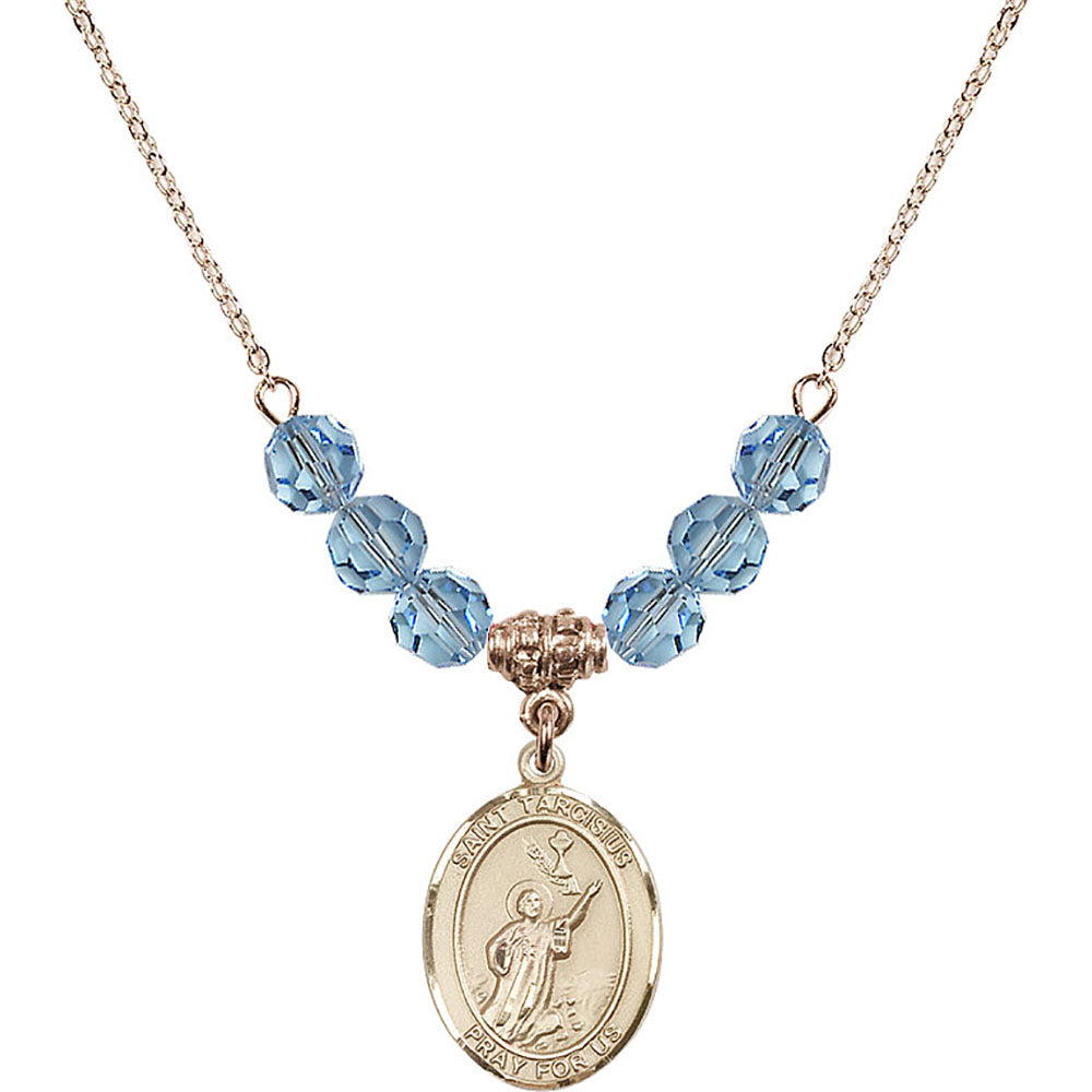 14kt Gold Filled Saint Tarcisius Birthstone Necklace with Aqua Beads - 8261