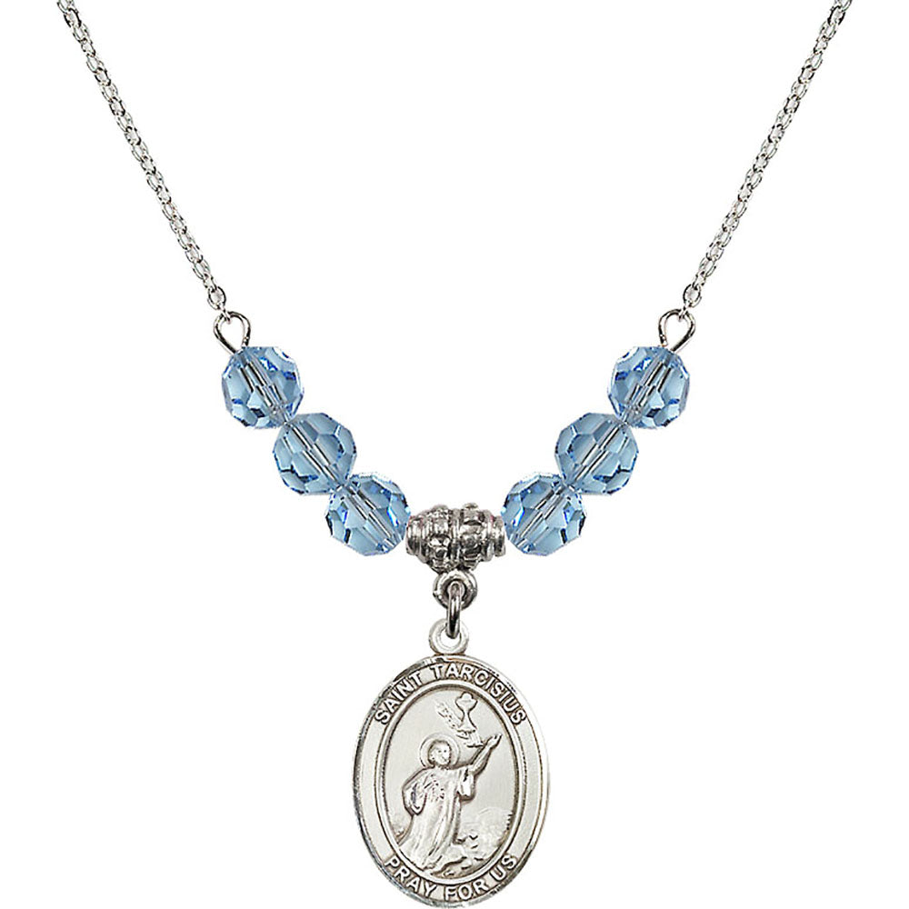 Sterling Silver Saint Tarcisius Birthstone Necklace with Aqua Beads - 8261