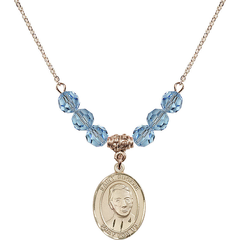 14kt Gold Filled Saint Eugene de Mazenod Birthstone Necklace with Aqua Beads - 8266