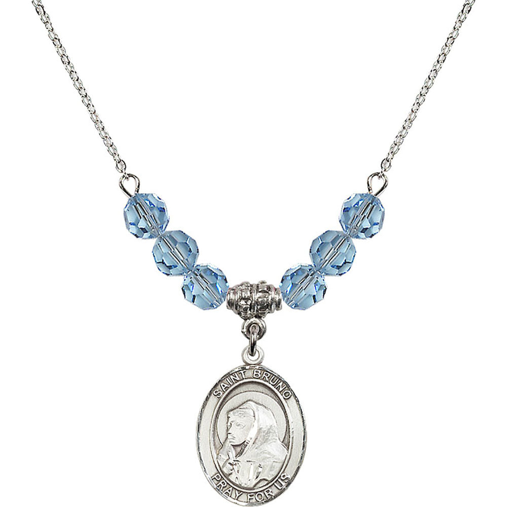 Sterling Silver Saint Bruno Birthstone Necklace with Aqua Beads - 8270