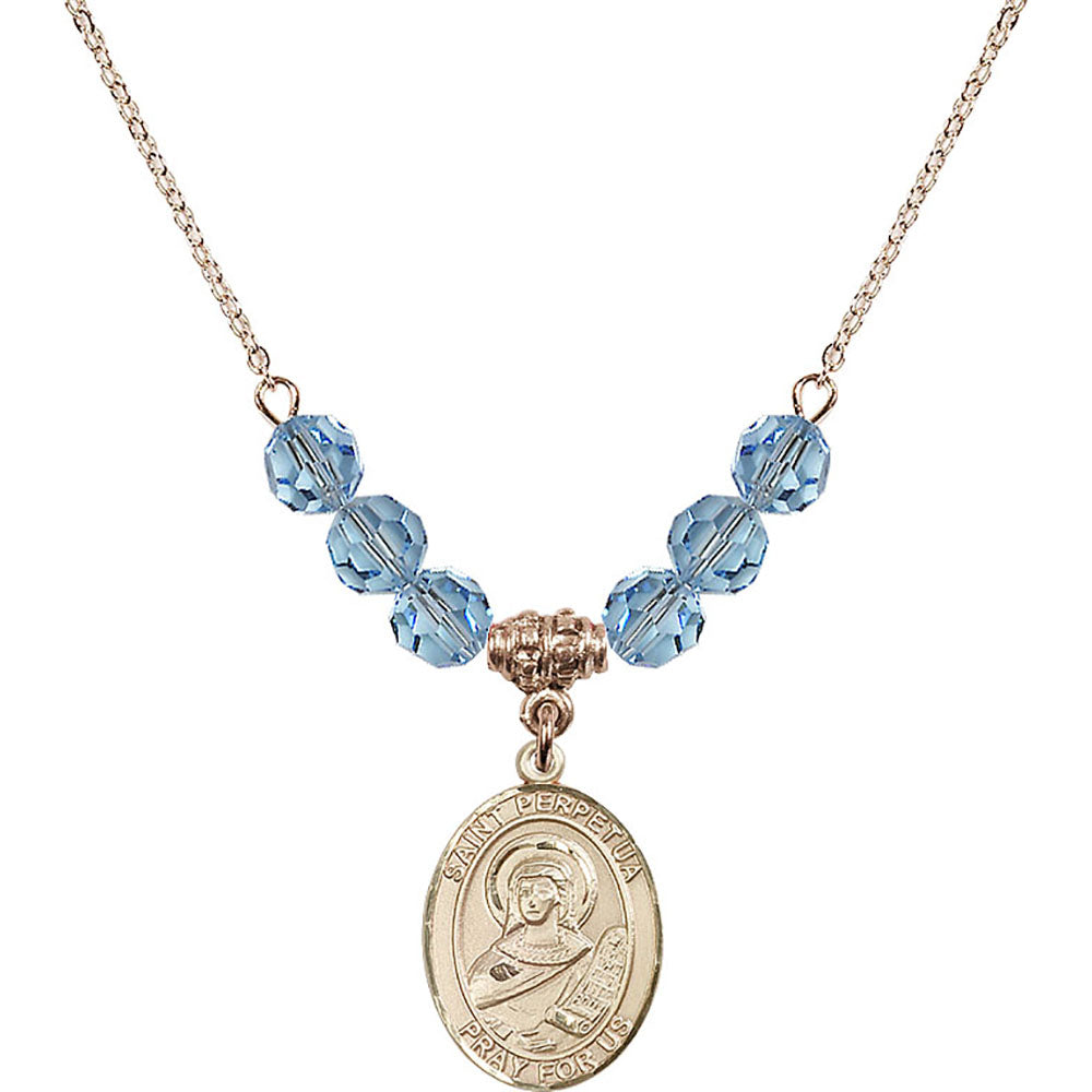 14kt Gold Filled Saint Perpetua Birthstone Necklace with Aqua Beads - 8272