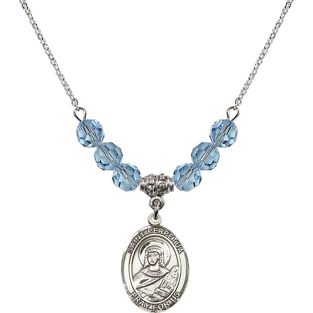 Sterling Silver Saint Perpetua Birthstone Necklace with Aqua Beads - 8272