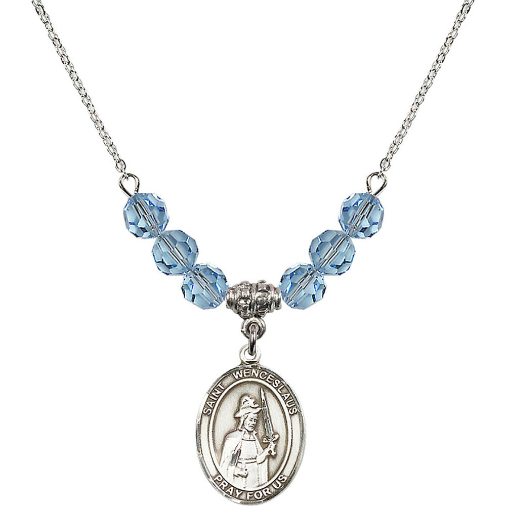 Sterling Silver Saint Wenceslaus Birthstone Necklace with Aqua Beads - 8273