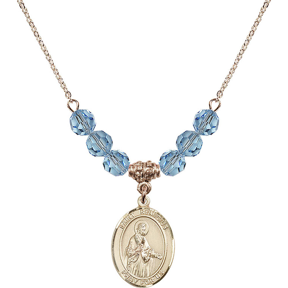 14kt Gold Filled Saint Remigius of Reims Birthstone Necklace with Aqua Beads - 8274