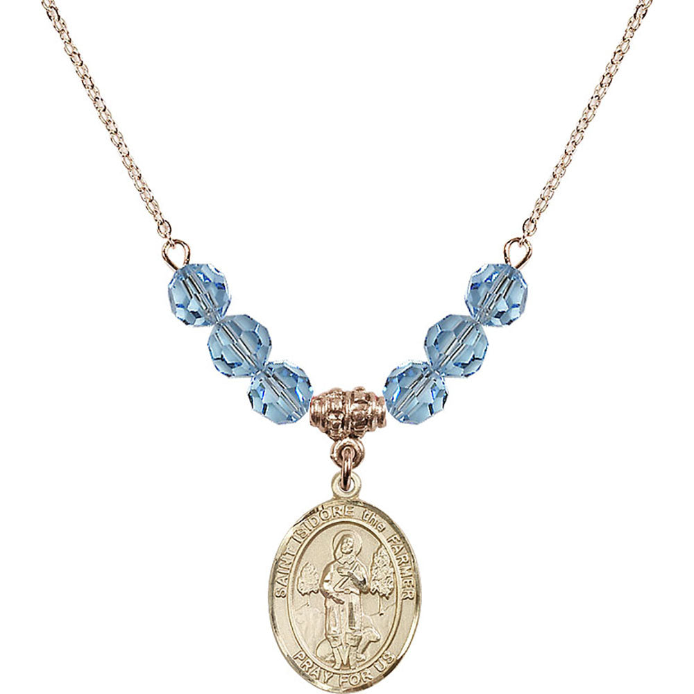14kt Gold Filled Saint Isidore the Farmer Birthstone Necklace with Aqua Beads - 8276