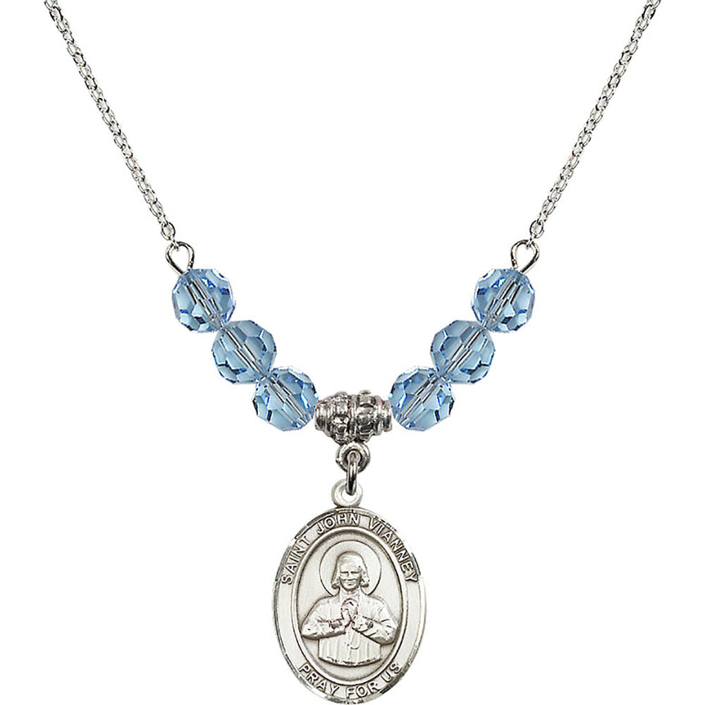 Sterling Silver Saint John Vianney Birthstone Necklace with Aqua Beads - 8282