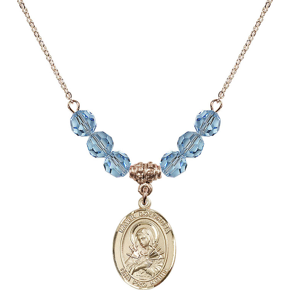 14kt Gold Filled Mater Dolorosa Birthstone Necklace with Aqua Beads - 8290