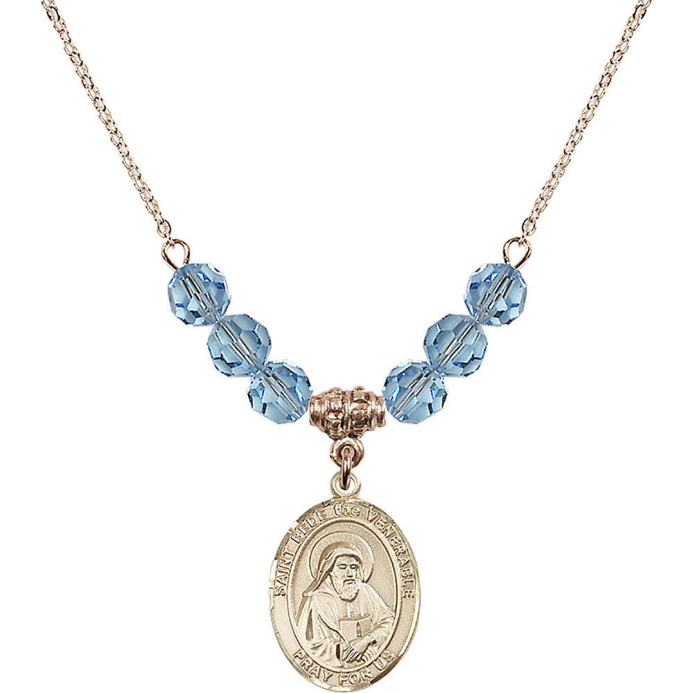 14kt Gold Filled Saint Bede the Venerable Birthstone Necklace with Aqua Beads - 8302