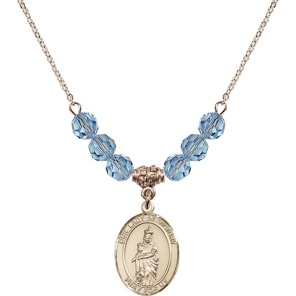 14kt Gold Filled Our Lady of Victory Birthstone Necklace with Aqua Beads - 8306