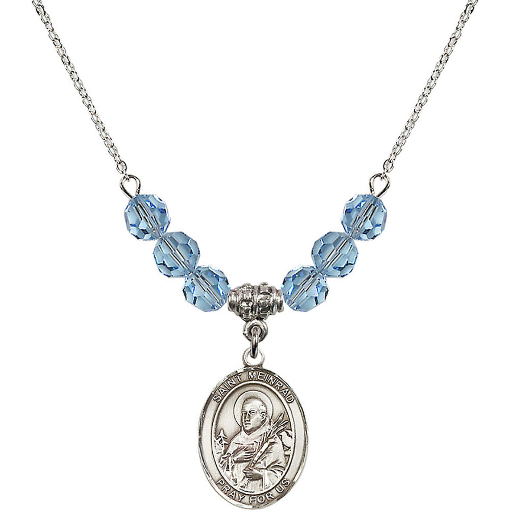 Sterling Silver Saint Meinrad of Einsiedeln Birthstone Necklace with Aqua Beads - 8307