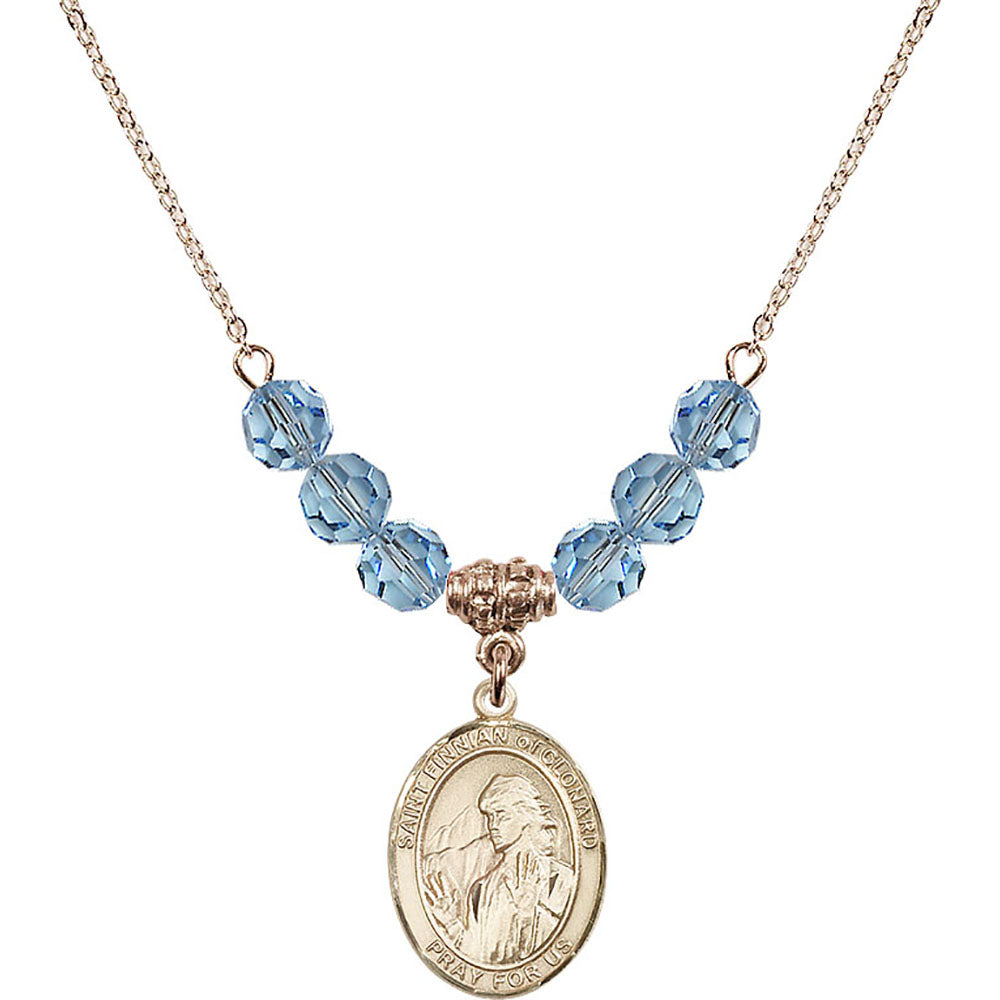 14kt Gold Filled Saint Finnian of Clonard Birthstone Necklace with Aqua Beads - 8308