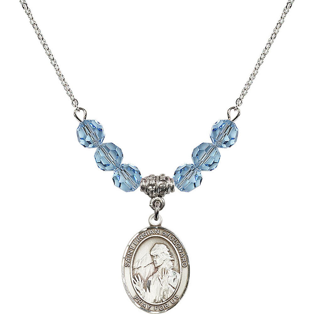 Sterling Silver Saint Finnian of Clonard Birthstone Necklace with Aqua Beads - 8308