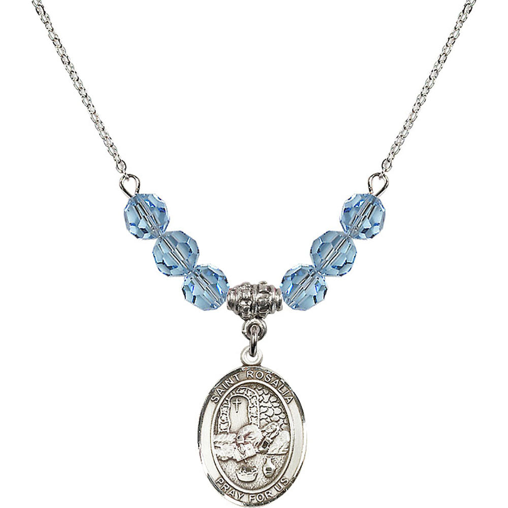 Sterling Silver Saint Rosalia Birthstone Necklace with Aqua Beads - 8309