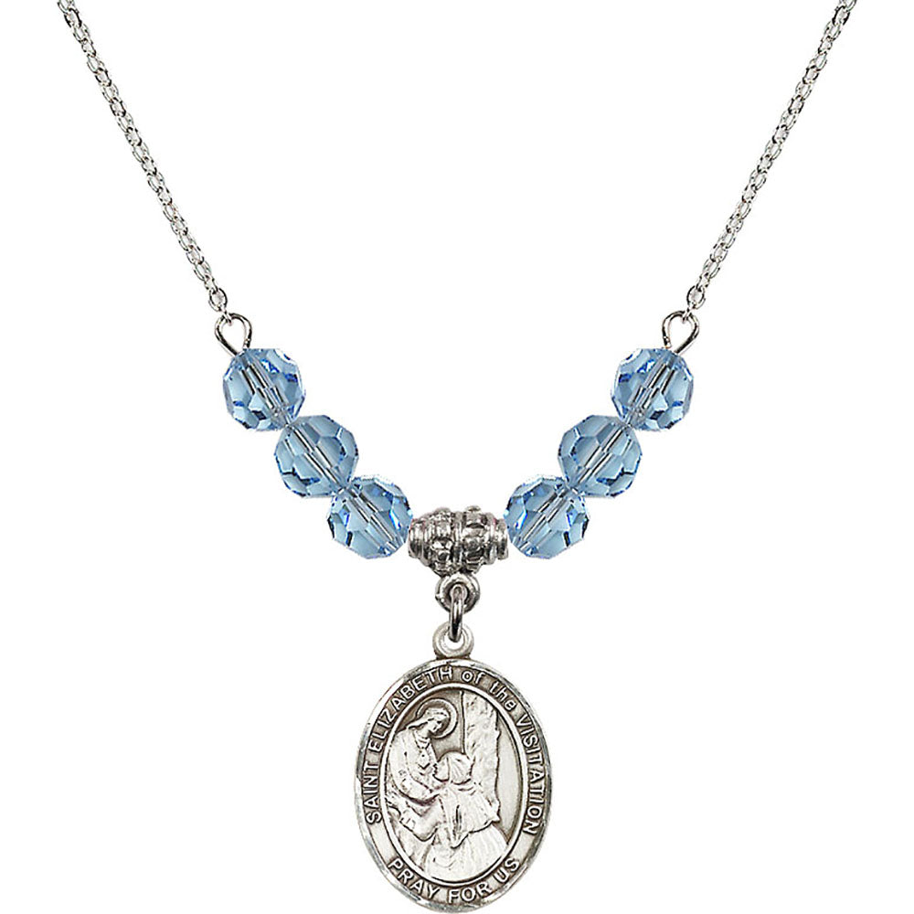 Sterling Silver Saint Elizabeth of the Visitation Birthstone Necklace with Aqua Beads - 8311