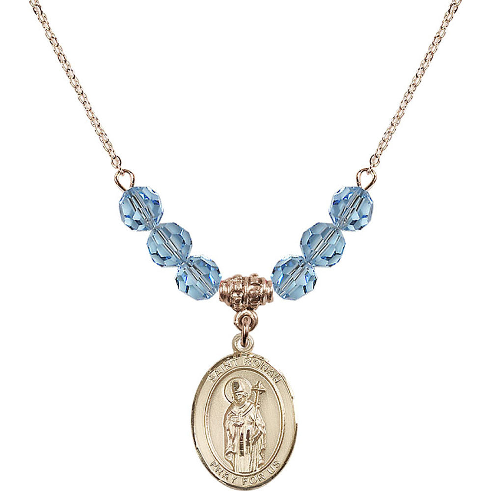 14kt Gold Filled Saint Ronan Birthstone Necklace with Aqua Beads - 8315