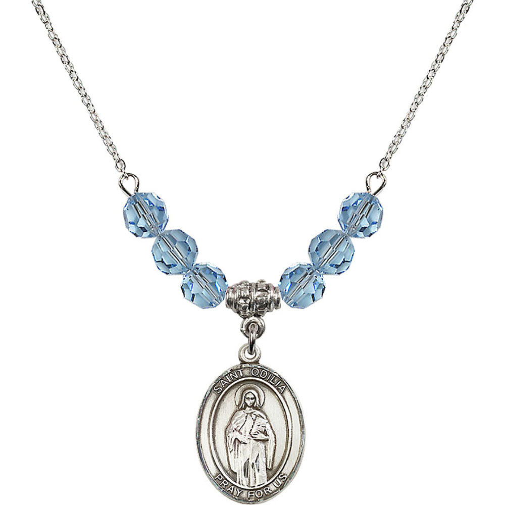 Sterling Silver Saint Odilia Birthstone Necklace with Aqua Beads - 8319