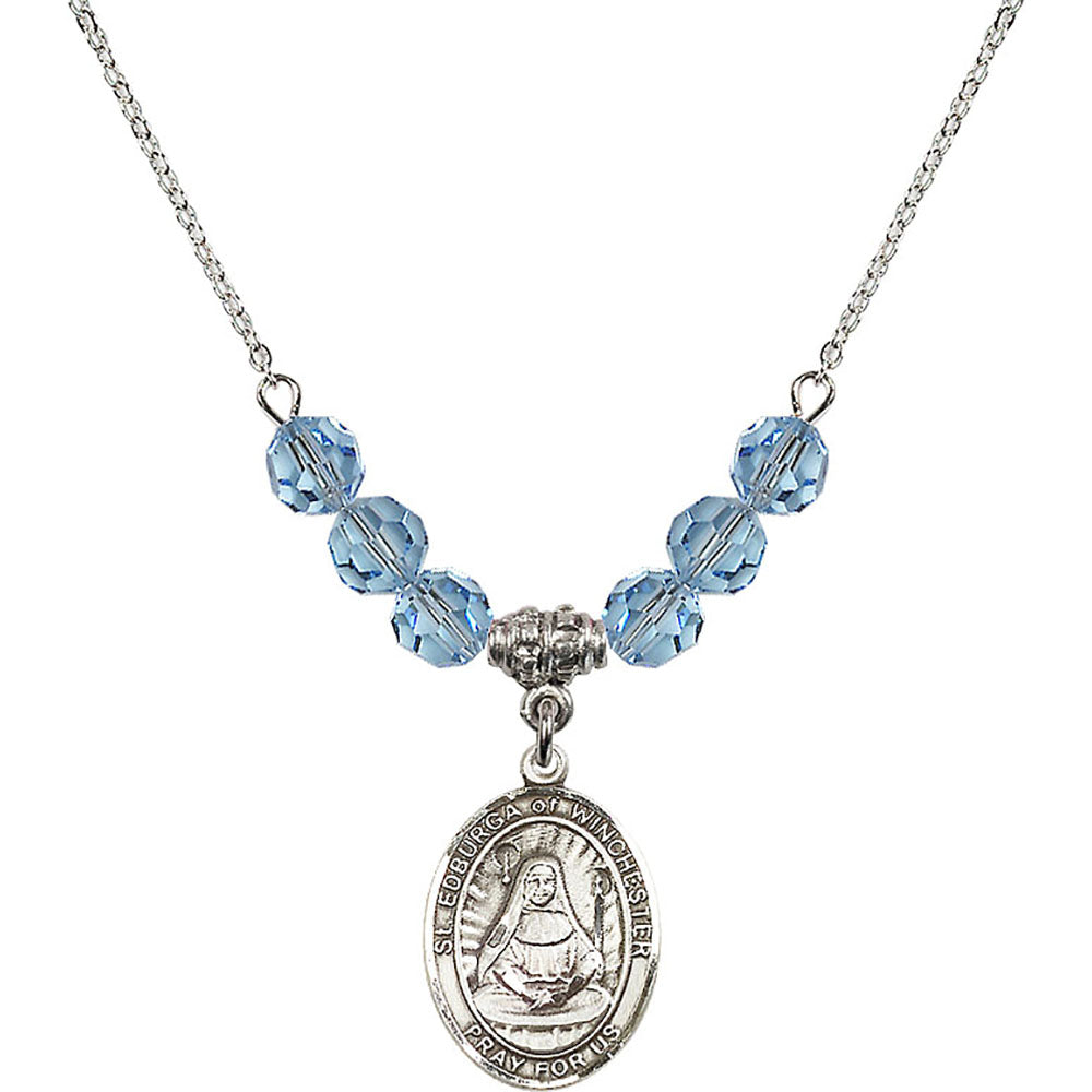 Sterling Silver Saint Edburga of Winchester Birthstone Necklace with Aqua Beads - 8324