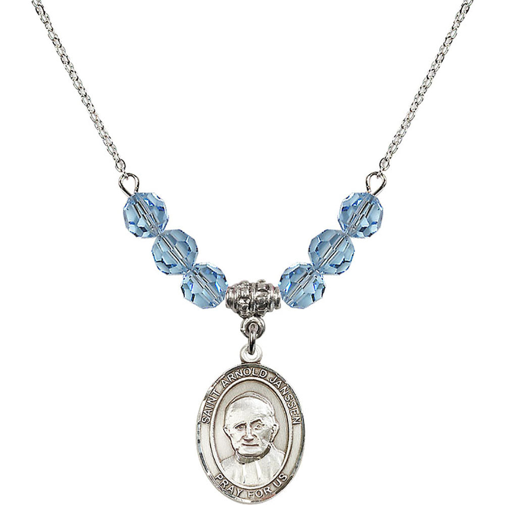 Sterling Silver Saint Arnold Janssen Birthstone Necklace with Aqua Beads - 8328