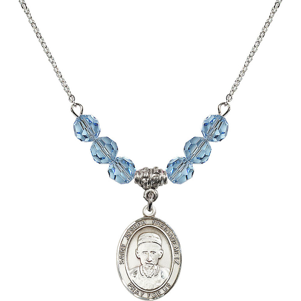 Sterling Silver Saint Joseph Freinademetz Birthstone Necklace with Aqua Beads - 8329