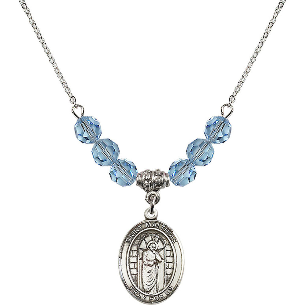 Sterling Silver Saint Matthias the Apostle Birthstone Necklace with Aqua Beads - 8331