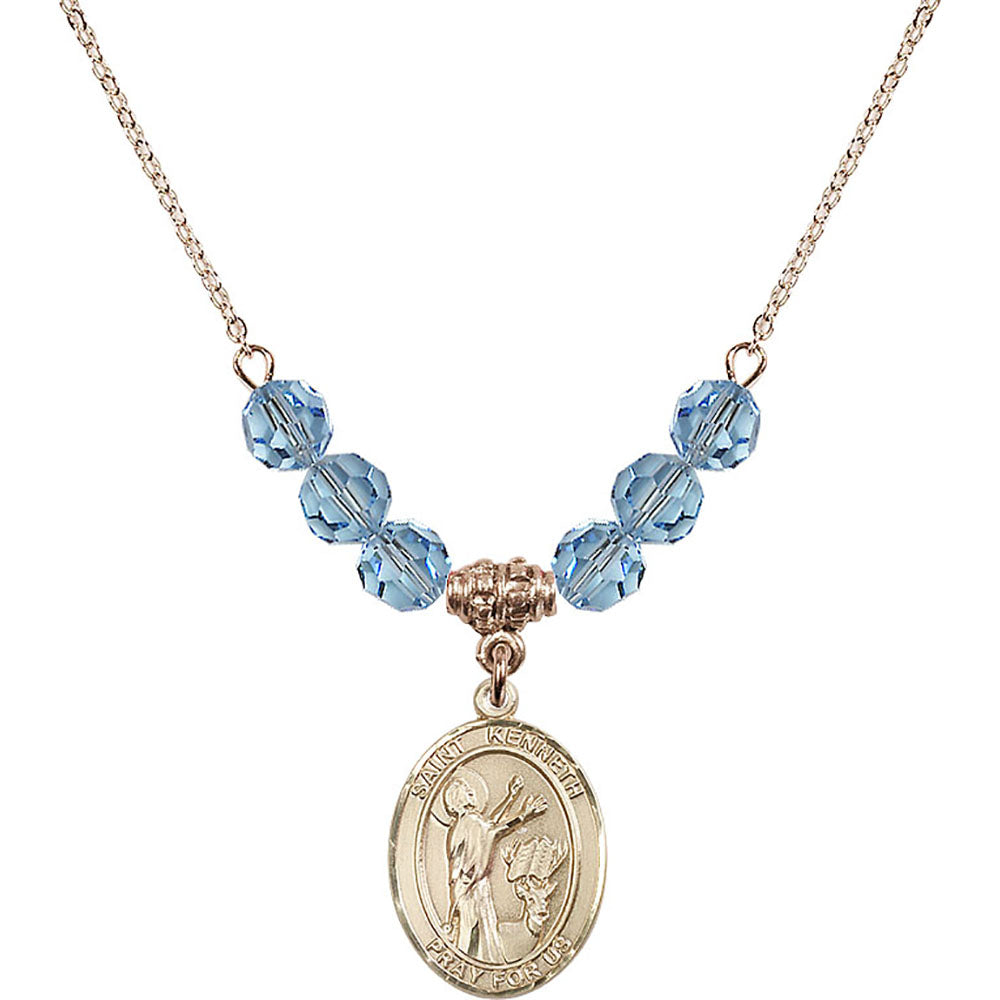 14kt Gold Filled Saint Kenneth Birthstone Necklace with Aqua Beads - 8332