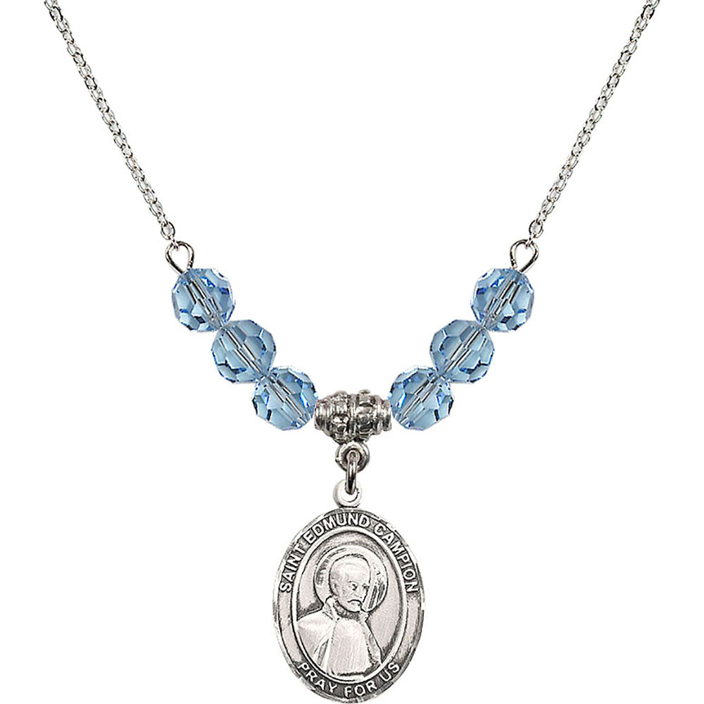 Sterling Silver Saint Edmund Campion Birthstone Necklace with Aqua Beads - 8333