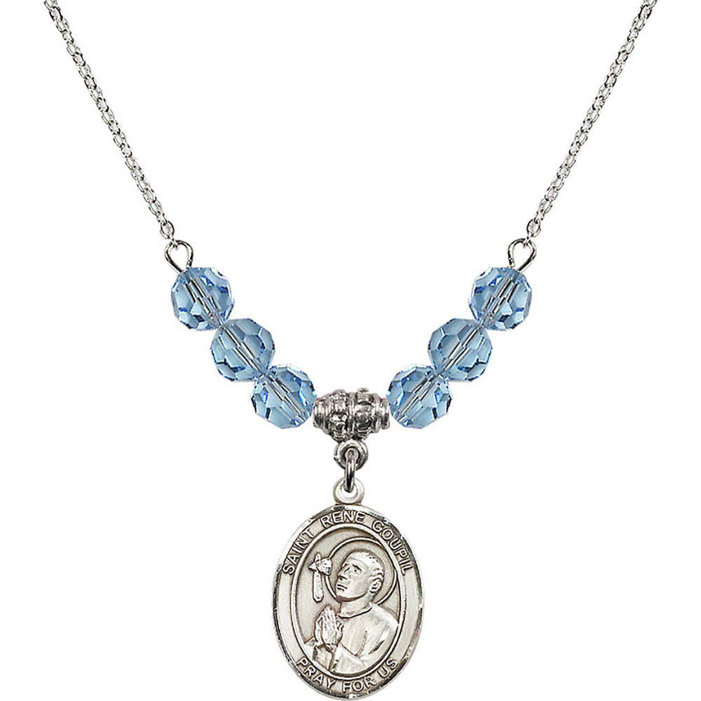 Sterling Silver Saint Rene Goupil Birthstone Necklace with Aqua Beads - 8334