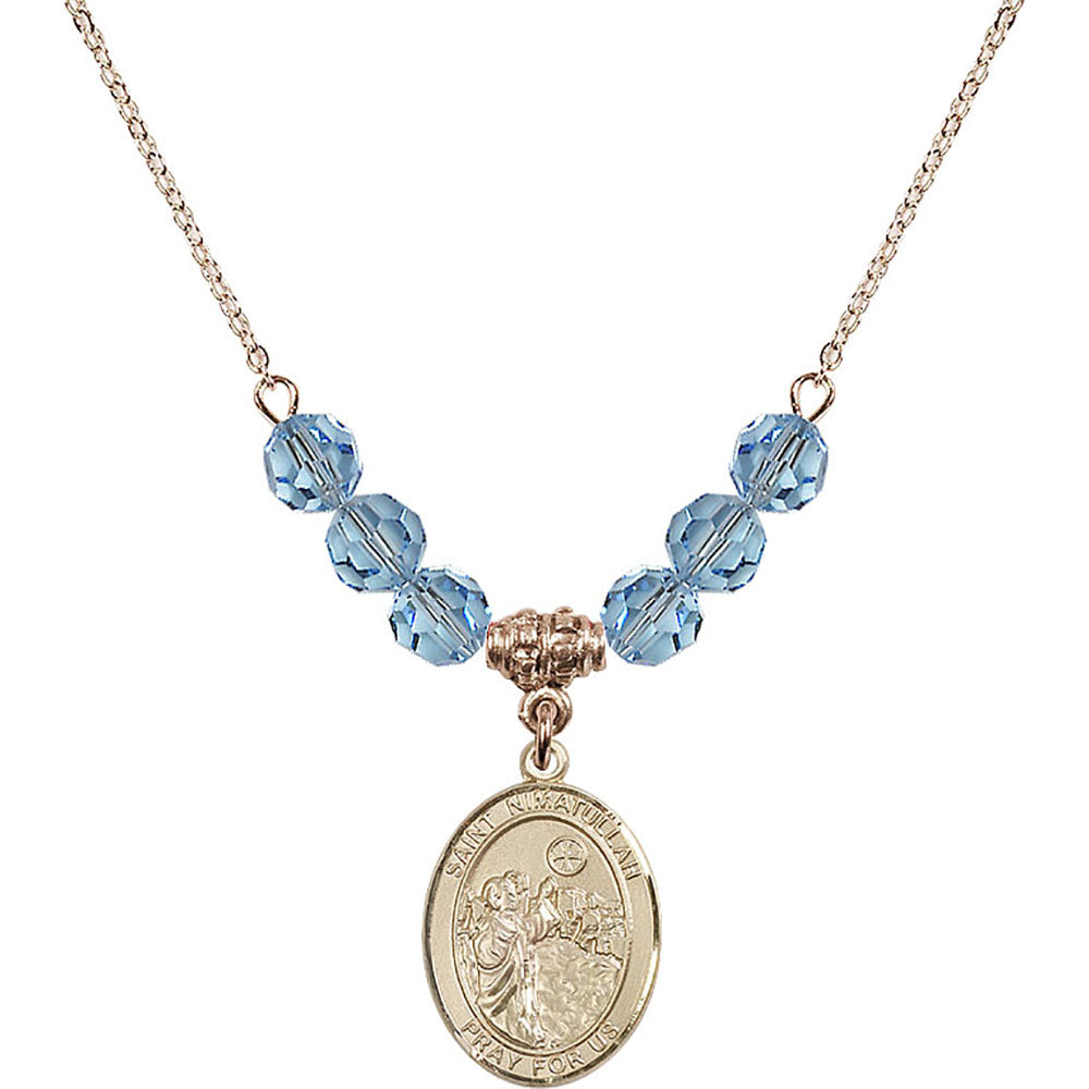 14kt Gold Filled Saint Nimatullah Birthstone Necklace with Aqua Beads - 8339