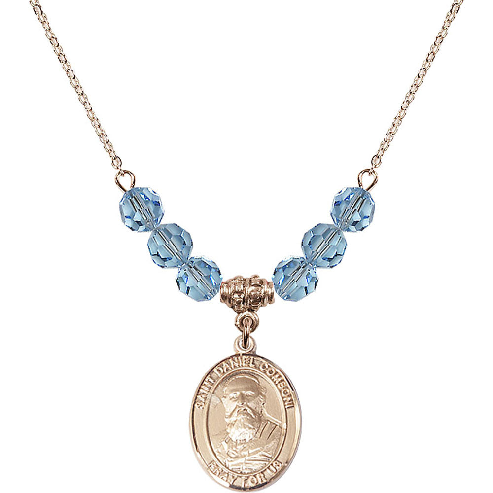 14kt Gold Filled Saint Daniel Comboni Birthstone Necklace with Aqua Beads - 8400