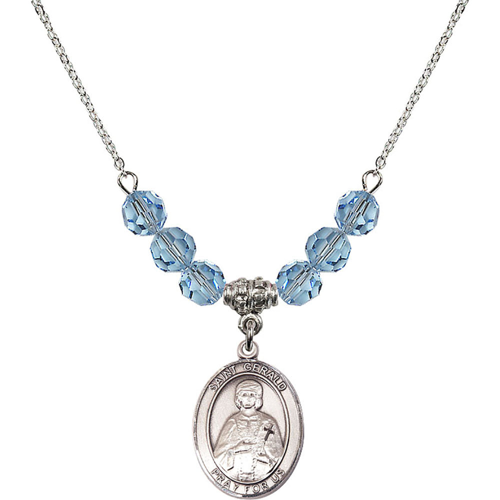 Sterling Silver Saint Gerald Birthstone Necklace with Aqua Beads - 8404