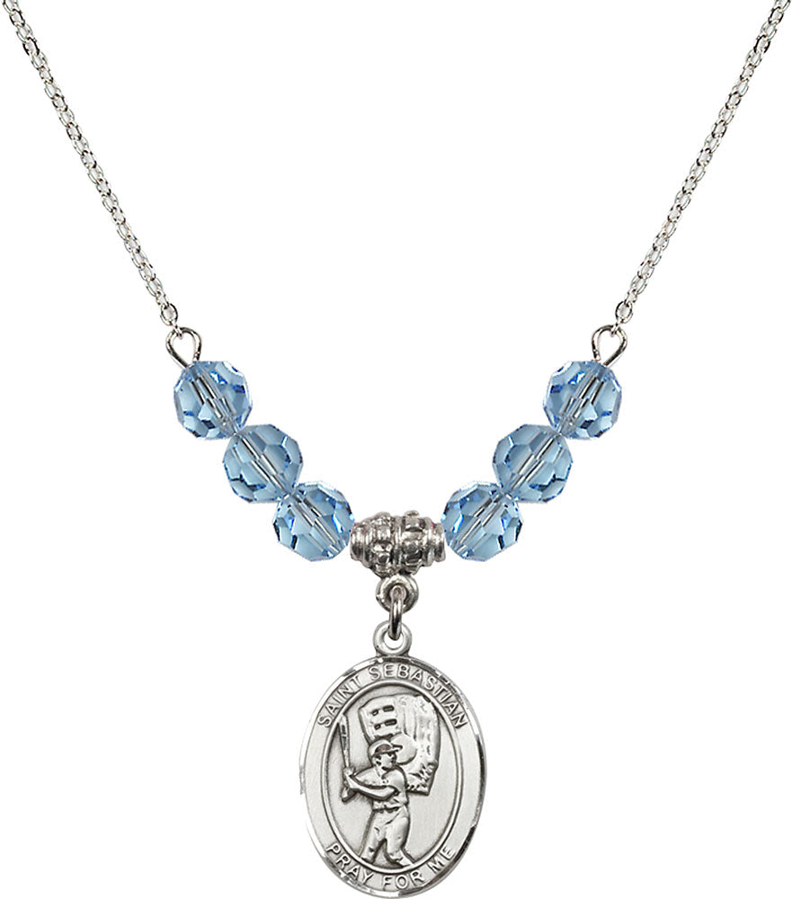 Sterling Silver Saint Sebastian / Baseball Birthstone Necklace with Aqua Beads - 8600