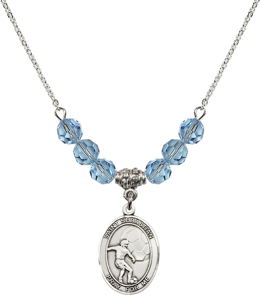 Sterling Silver Saint Sebastian / Soccer Birthstone Necklace with Aqua Beads - 8603