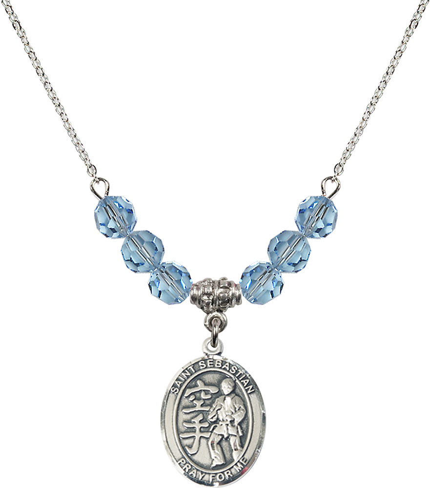 Sterling Silver Saint Sebastian/Karate Birthstone Necklace with Aqua Beads - 8615