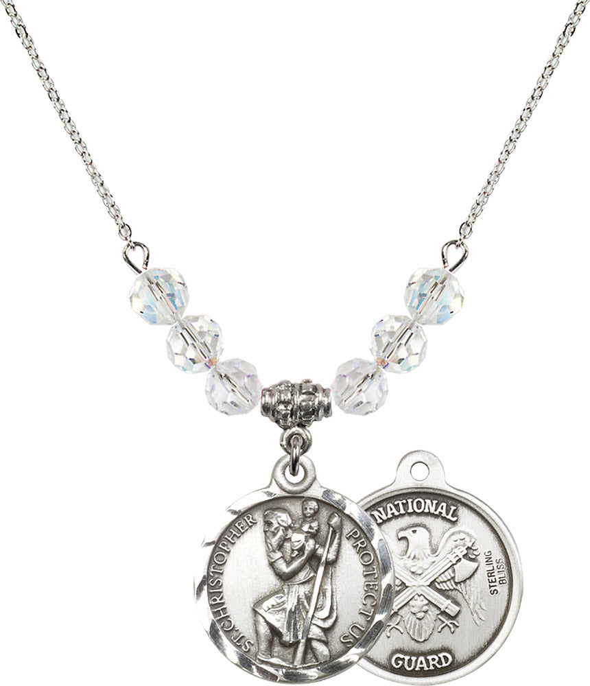 Sterling Silver Saint Christopher / Nat'l Guard Birthstone Necklace with Crystal Beads - 0192