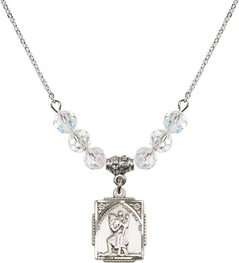 Sterling Silver Saint Christopher Birthstone Necklace with Crystal Beads - 0804