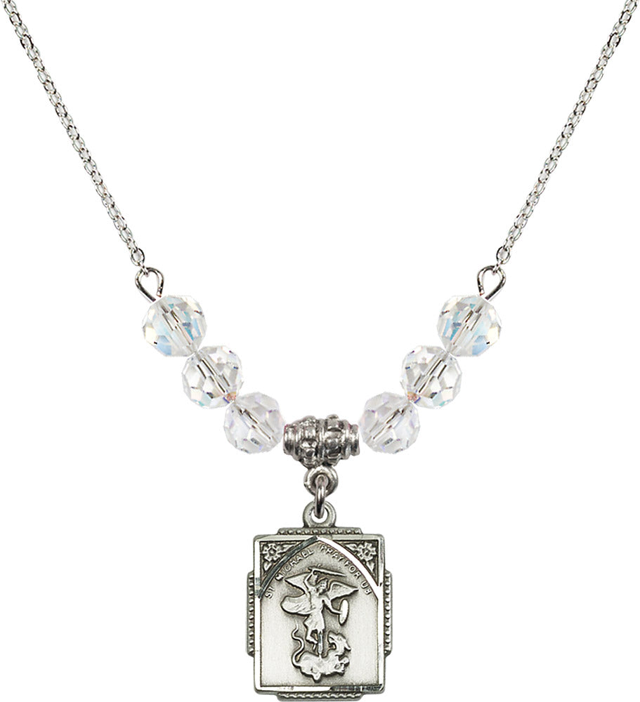 Sterling Silver Saint Michael the Archangel Birthstone Necklace with Crystal Beads - 0804